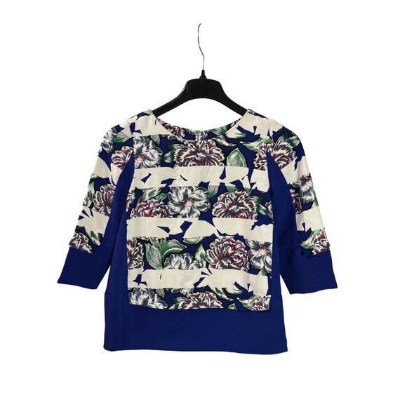French Connection Floral Print Striped Textured Top Back Zip 3/4 Sleeves Size 4 - Picture 1 of 5